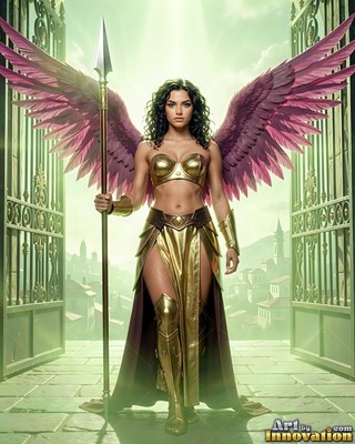 A winged woman stands holding a spear between open gates in pale green light