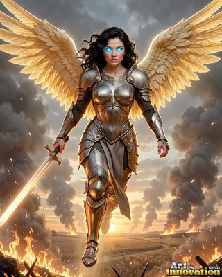 Striding forward over a burning field, a winged silver-clad woman armor carries a sword