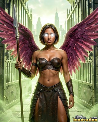 A feathered woman with purple wings holds a spear before an open city gate