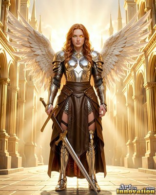 Holding a sword down, a winged woman in polished silver armor stands in sunlight