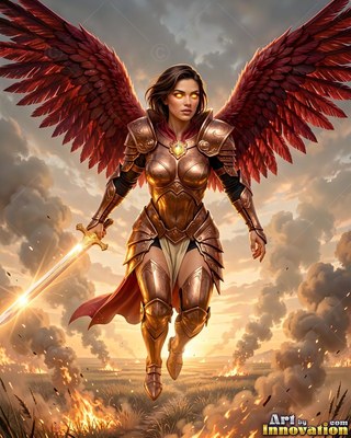 Woman in bronze armor with red wings holds a sword