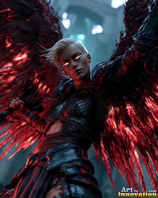 A woman with wings in dark armor raises her red-feathered wings under cold blue light