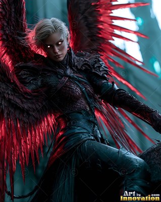 A blonde woman in dark armor crouches with spiky red wings spread wide