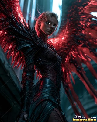 In a dim alley, a woman in dark armor stands with red feathered wings