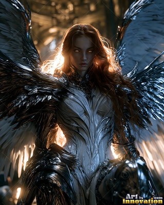 Standing with silver wings spread, a woman rests in sculpted metal armor