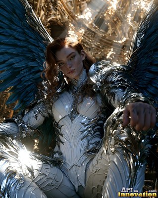 A woman in white armor with blue wings sits leaning forward