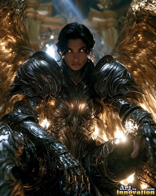 Seated forward in a bright hall, an armored woman with golden wings looks ahead