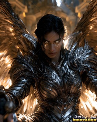 A dark-haired winged woman in polished silver armor stares ahead under warm lights