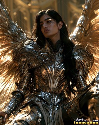In a bright hall, a woman in sculpted silver armor sits with golden wings
