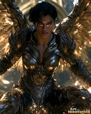 Crouching in dark silver armor, a winged woman stares ahead with bright gold eyes