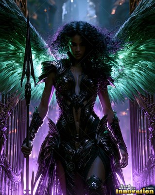 Woman in dark armor holding a spear with green wings