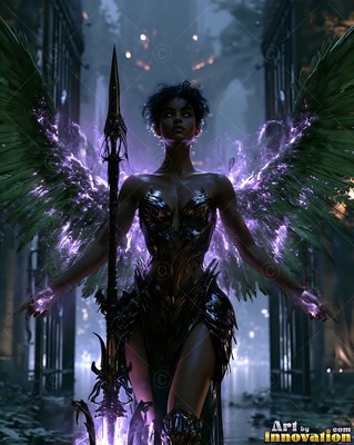 Dark metal armor fits a woman with wings holding a spear between tall stone gates