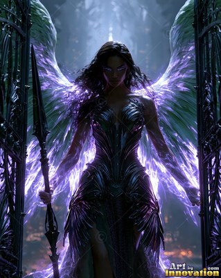 A woman with wings stands holding a spear between gates with bright purple light behind her wings