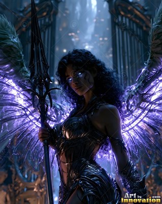 Standing before tall gates, a winged woman in dark armor carries a black spear
