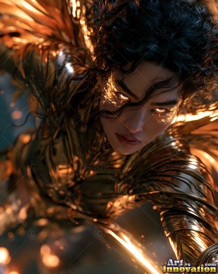 A dark-haired woman in shining golden armor dives forward with bright eyes