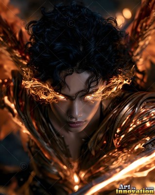 In dark shadows, a winged woman wears golden armor with fire over her eyes