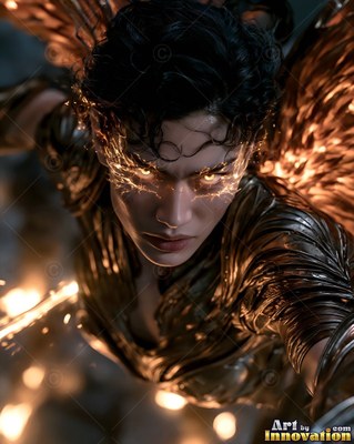Leaning forward in bronze armor, a woman with wings glares with bright eyes