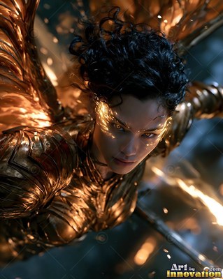 Woman in gold armor flying down with bright wings