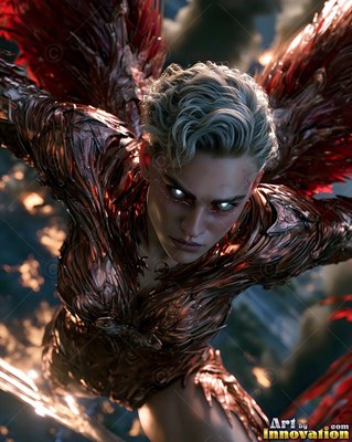 Short blonde hair crowns a feathered woman in bronze armor diving through cloudy skies