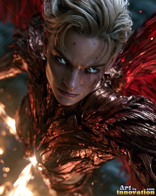A blonde woman in red feathered armor swoops forward with bright eyes
