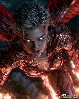 Looking down at a winged woman in red armor as she leans forward in the dark