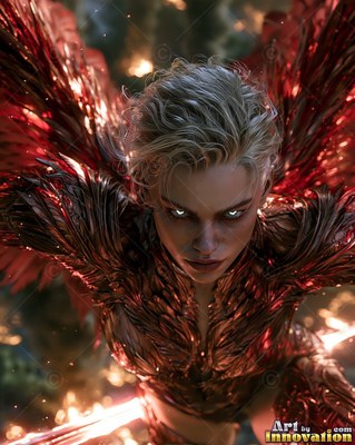 A blonde woman dives forward in red feathered armor with bright white eyes