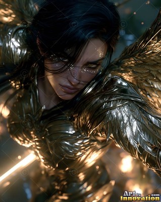In a dark sky, a dark-haired winged woman leans forward in shiny golden armor