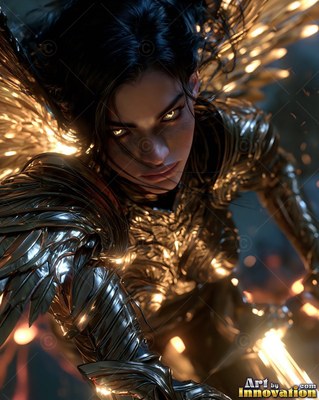 Looking forward in gold armor, a woman with wings holds a bright sword in the dark