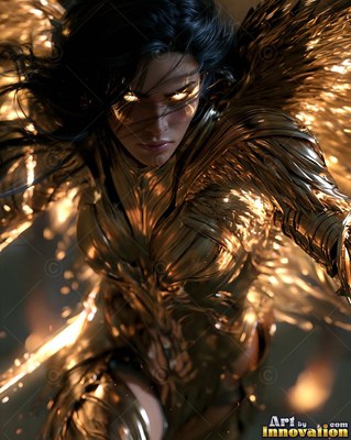 A dark-haired woman in bright polished gold armor with light shining from her eyes