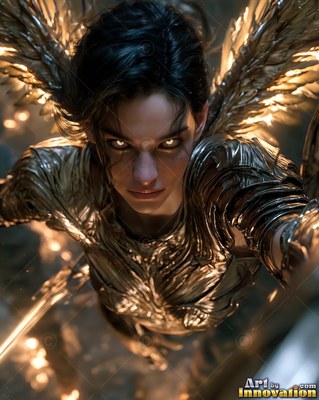 A woman in polished gold armor dives downward through warm light with bright metal wings