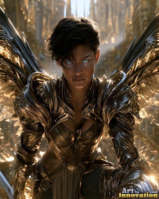 A winged woman crouches in bronze armor with bright blue light in her eyes