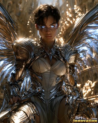 A woman with bright white eyes wears polished shining silver armor and silver wings