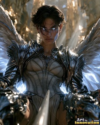 A winged woman in silver armor holds a sword pointing forward in a dim hall