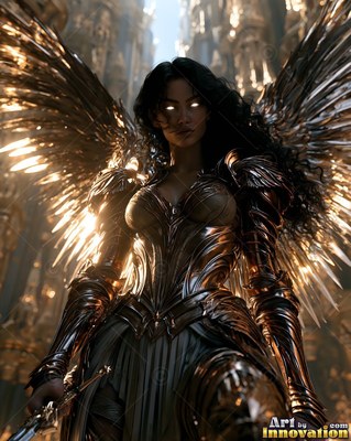 Standing in dark metal armor, a feathered woman wields a sword in bright sunlight