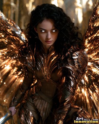 A woman in bronze armor with bright white eyes and feather wings