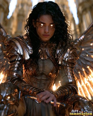 Polished bronze armor covers a woman with wings sitting before sunlit stone pillars