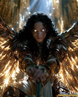 A winged woman in golden armor grips her sword while bright white light shines from her eyes