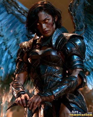 Turned slightly, a feathered woman in dark armor grasps a sword hilt in dim light