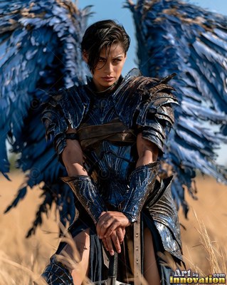 A dark-haired woman in dark armor kneels in a field with blue wings behind her