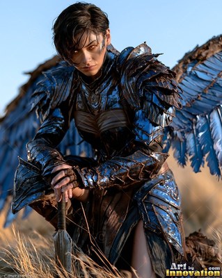 Kneeling in tall grass, a feathered woman in dark steel armor rests on her sword