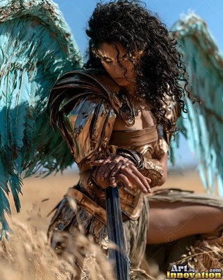 A woman with wings in bronze armor kneels in a dry field