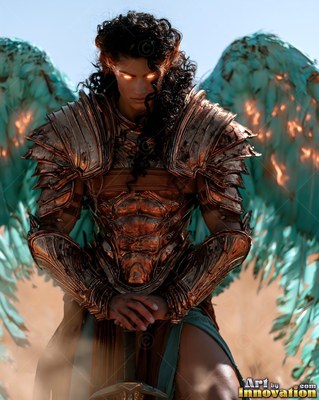 Bronze armor covers a winged woman standing in a dusty field with burning teal wings