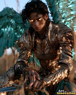 A winged woman crouches in bronze armor with bright teal feathers behind her