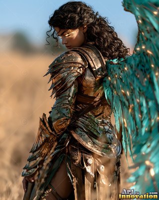 Turned sideways in a field, a woman in bronze armor looks back over teal wings