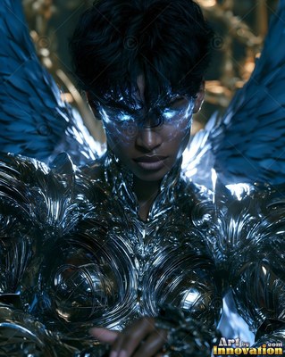 A feathered woman in shiny suit of silver armor with bright blue light around her eyes