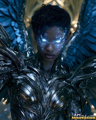 In blue shadow, a woman with wings dressed in shining silver armor stares forward with bright eyes