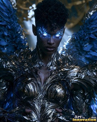 Staring forward, a woman with wings wears dark metallic armor with bright blue eyes
