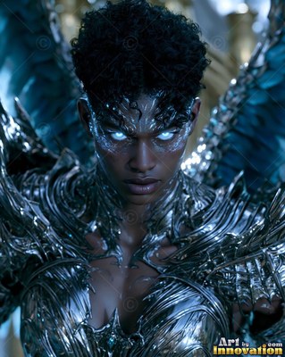 A Black woman in a suit of silver armor with blue wings and bright white eyes