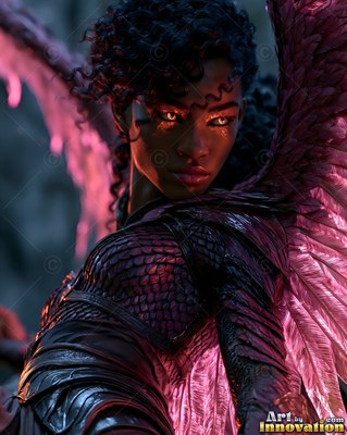 Dark textured armor clothes a woman with wings in shadow lit by pink light