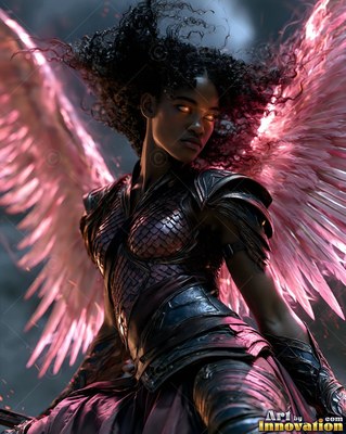 A woman in dark scale armor spreads her feathered wings under bright pink light